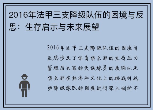 2016年法甲三支降级队伍的困境与反思：生存启示与未来展望